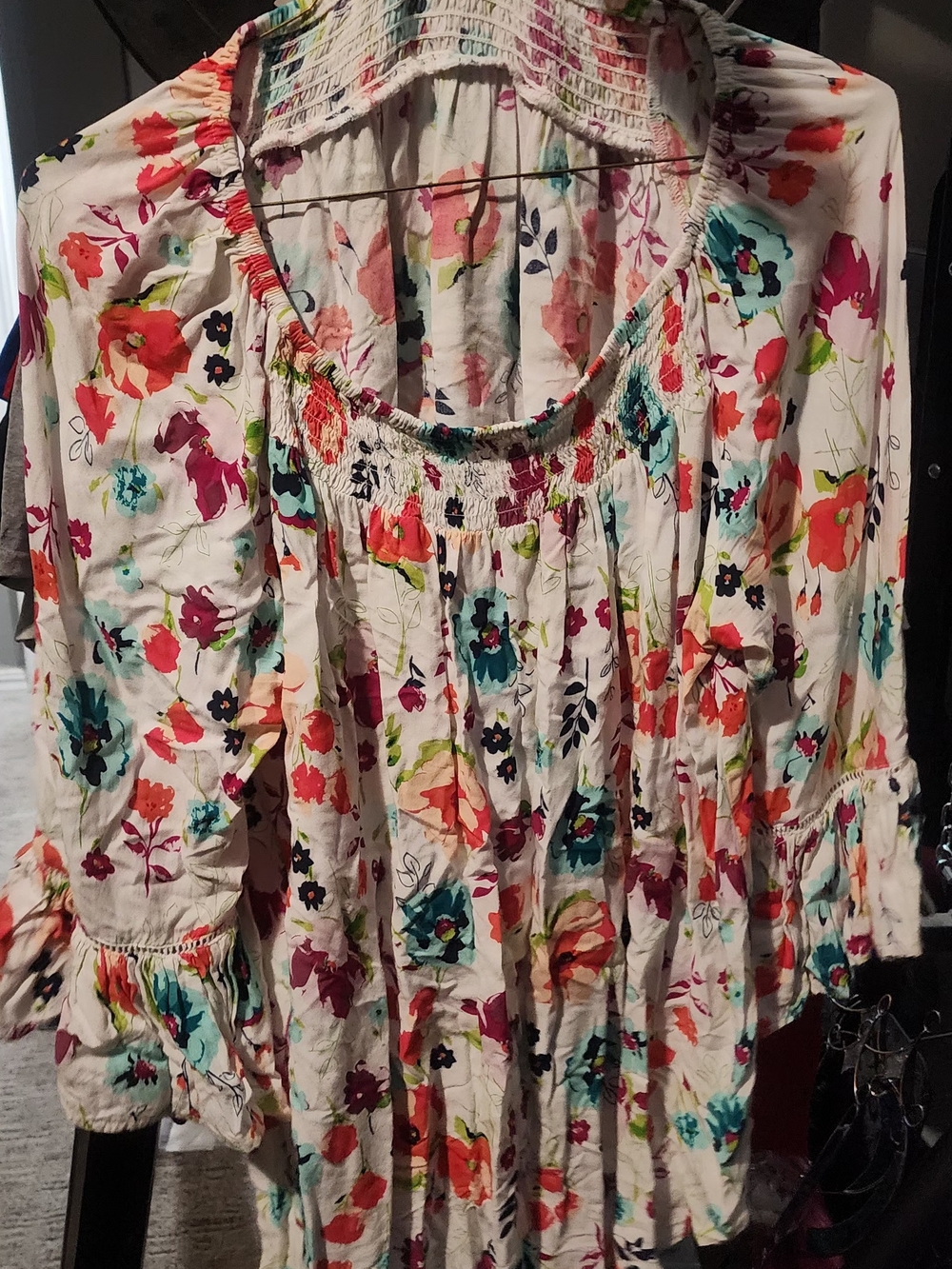 Women’s Floral Peasant Blouse - White with Multicolor Floral Print
